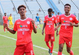 Kerala State Team players celebrating a goal in the 2018 Santosh Trophy (Photo courtesy: AIFF Media)