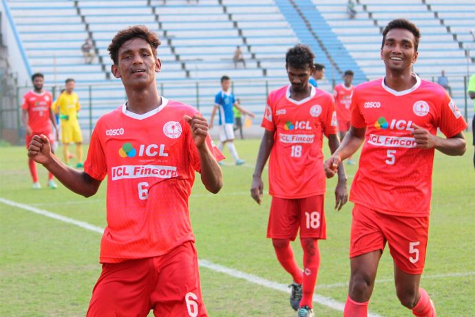 Kerala State Team players celebrating a goal in the 2018 Santosh Trophy (Photo courtesy: AIFF Media)