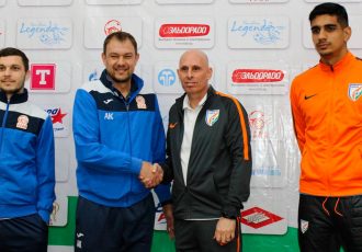 AFC Asian Cup UAE 2019 qualifier pre-match press conference with Kyrgyzstan national coach Alexander Krestinin. India national coach Stephen Constantine and India goalkeeper Gurpreet Singh Sandhu. (Photo courtesy: AIFF Media)