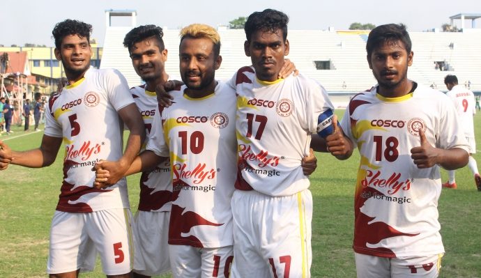 West Bengal State Team players celebrating their win in the Santosh Trophy semis. (Photo courtesy: AIFF Media)