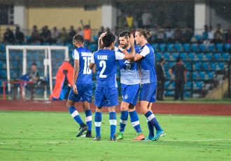 Bengaluru FC striker Daniel Segovia is congratulated by his teammates after equalising against Aizawl FC in an AFC Cup 2018 clash at the Indira Gandhi Athletic Stadium, in Guwahati. (Photo courtesy: Bengaluru FC)