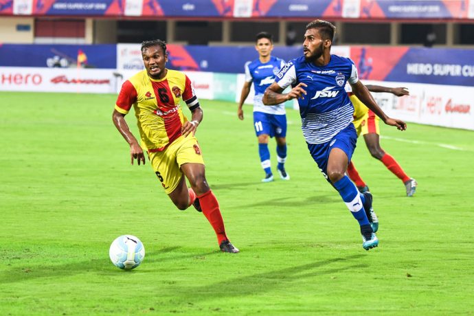 Bengaluru FC defender Subhasish Bose in action against Gokulam Kerala FC in the Hero Super Cup pre-quarterfinal at the Kalinga Stadium, in Bhubaneswar, on April 1, 2018. (Photo courtesy: Bengaluru FC)