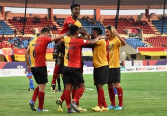 East Bengal Club players celebrating a goal in the 2018 Hero Super Cup. (Photo courtesy: AIFF Media)