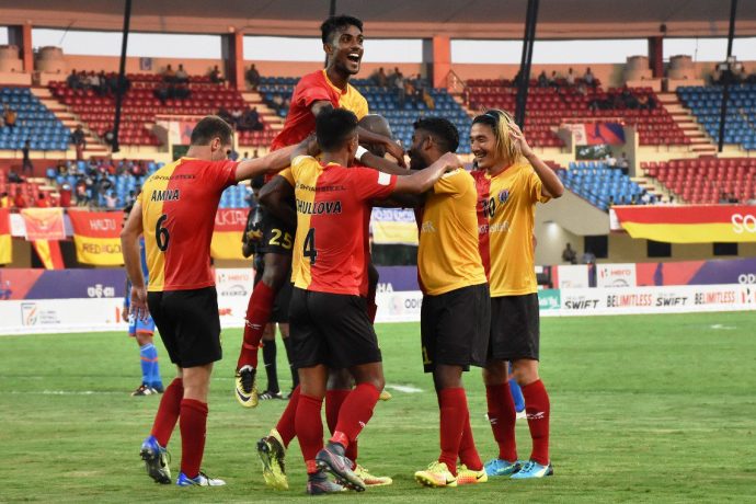 East Bengal Club players celebrating a goal in the 2018 Hero Super Cup. (Photo courtesy: AIFF Media)