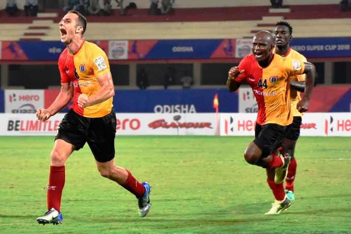 East Bengal's Mahmoud Al-Amna celebrating his goal against Mumbai City FC in the Hero Super Cup 2018. (Photo courtesy: AIFF Media)