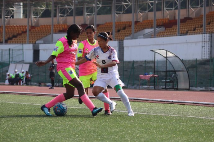Match action during the Indian Women's League (IWL) semifinal Eastern Sporting Union vs SETHU FC. (Photo courtesy: AIFF Media)