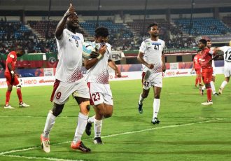 Mohun Bagan AC's Dipanda Dicka celebrating his goal against Churchill Brothers SC in the Hero Super Cup 2018 on April 1, 2018. (Photo courtesy: AIFF Media)