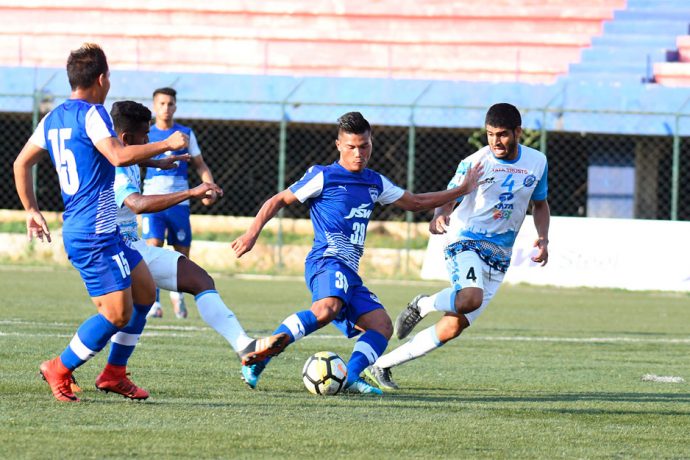 Bengaluru FC ‘B’ striker Lamgoulen Hangshing scores the second goal against Jamshedpur FC Reserves in a Second Division League clash at the Bangalore Football Stadium, on Wednesday. (Photo courtesy: Bengaluru FC)