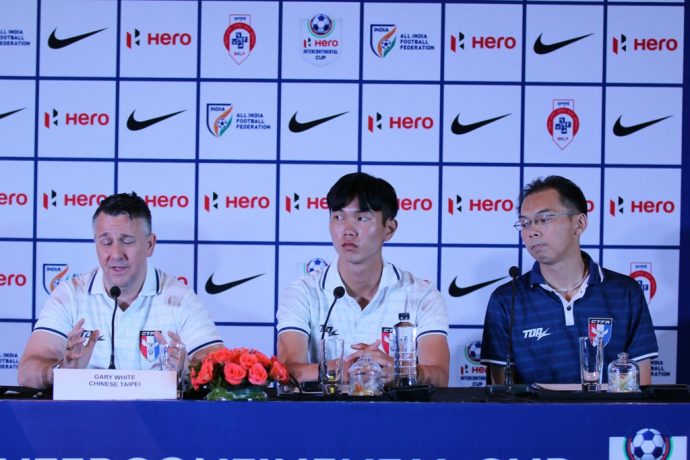 Chinese Taipei coach Gary White at the Hero Intercontinental Cup 2019 pre-match press conference. (Photo courtesy: AIFF Media)