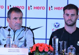 New Zealand head coach Fritz Schmid and left back Thomas Doyle at the Hero Intercontinental Cup pre-match press conference in Mumbai. (Photo courtesy: AIFF Media)