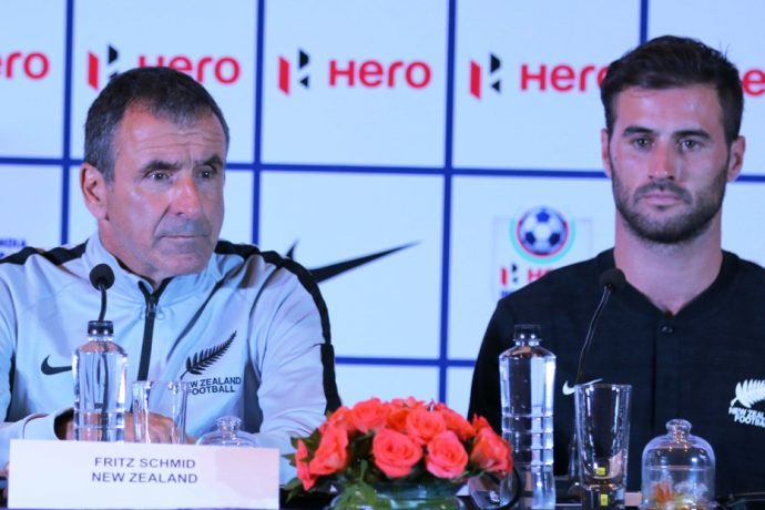 New Zealand head coach Fritz Schmid and left back Thomas Doyle at the Hero Intercontinental Cup pre-match press conference in Mumbai. (Photo courtesy: AIFF Media)