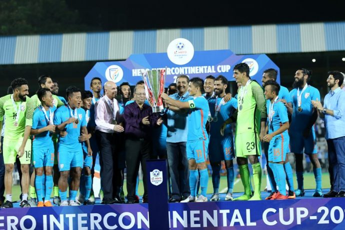 The Indian national team celebrating its Hero Intercontinental Cup 2018 victory. (Photo courtesy: AIFF Media)