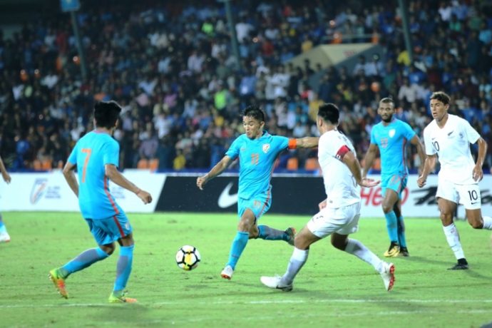Indian national team captain Sunil Chhetri in action against New Zealand in the Hero Intercontinental Cup 2018 in Mumbai. (Photo courtesy: AIFF Media)