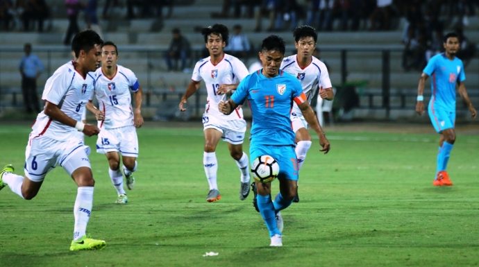Indian national team captain Sunil Chhetri in action against Chinese Taipei in the Hero Intercontinental Cup 2018. (Photo courtesy: AIFF Media)