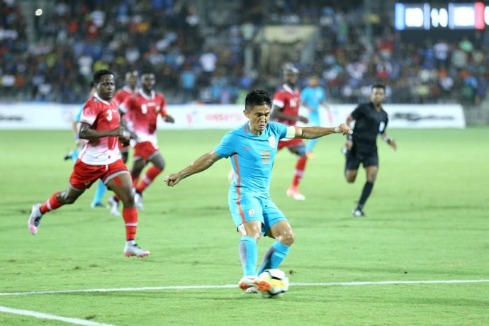 Indian national team captain Sunil Chhetri in action against Kenya in the final of the Hero Intercontinental Cup 2018 in Mumbai. (Photo courtesy: AIFF Media)