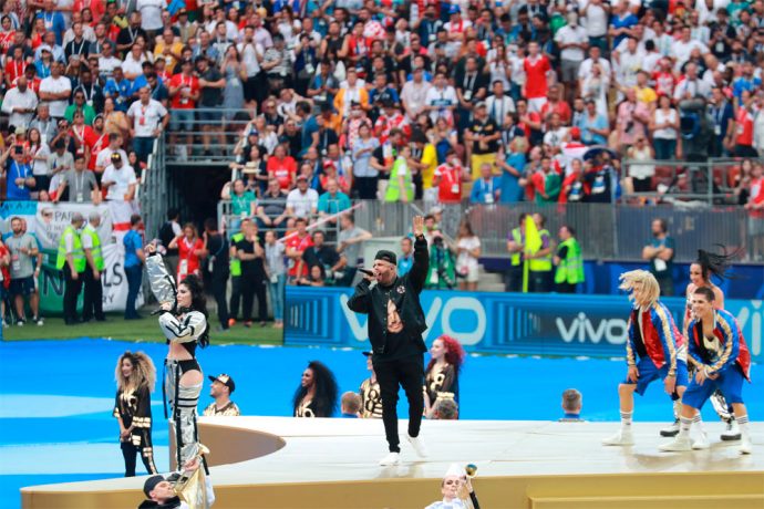 Nicky Jam during the live performance of the 2018 FIFA World Cup Official Song 'Live it Up' featuring Will Smith and Era Istrefi at the Luzhniki Stadium in Moscow. (Photo courtesy: Vivo)