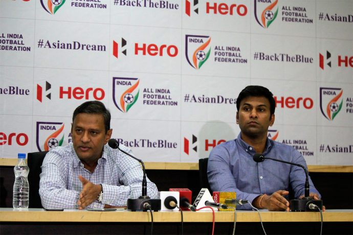 Kushal Das, General Secretary, AIFF and Abhishek Yadav, Director of National Teams, AIFF during a press conference. (Photo courtesy: AIFF Media)