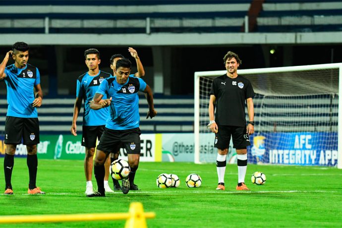 Bengaluru FC defender Rino Anto trains at the Sree Kanteerava Stadium on the eve of the AFC Cup Inter-Zone semifinal clash against Alty Asyr FK. (Photo courtesy: Bengaluru FC)