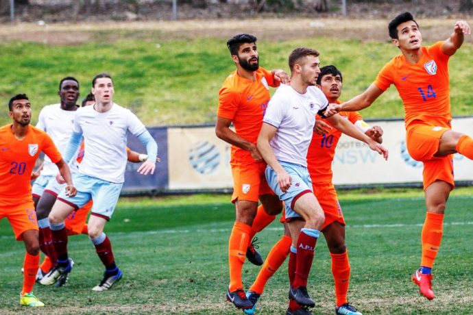 Match action during the APIA Leichhardt Tigers FC U-20 vs Indian national team friendly match. (Photo courtesy: AIFF Media)