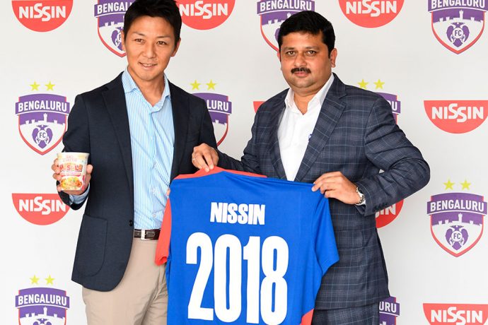 Ryusuke Miyake, Director of Marketing, Indo Nissin Foods Private Limited, and Bengaluru FC CTO Mandar Tamhane at the launch of the partnership. (Photo courtesy: Bengaluru FC)