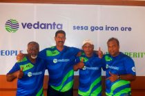 Tiburcio D'Souza, Bramhanand Sankhawalkar, Salvador Fernandes and Brunho Cutinho unveil the jersey for the Legends Match on September 15, 2018. (Photo courtesy: Vedanta Limited)