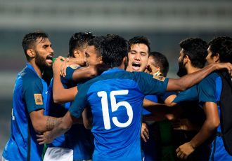 India U-23 national team players celebrating their win against Pakistan in the SAFF Suzuki Cup 2018. (Photo courtesy: Lagardère Sports)