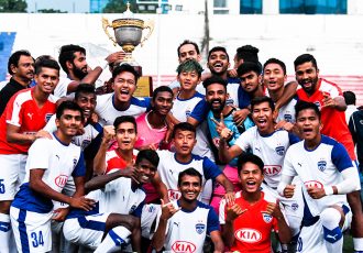 Bengaluru FC 'B' team celebrating with the Puttaiah Memorial Cup trophy. (Photo courtesy: Bengaluru FC)