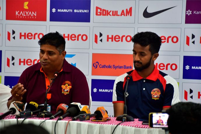 Gokulam Kerala FC head coach Bino George and vice-captain Md. Rashid during the Hero I-League pre-match press conference. (Photo courtesy: AIFF Media)