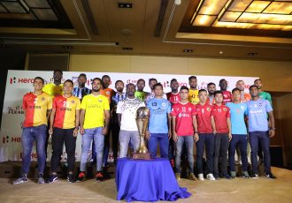 Representatives from the eleven clubs with the league winners trophy at the 2018/19 Hero I-League launch ceremony. (Photo courtesy: I-League Media)