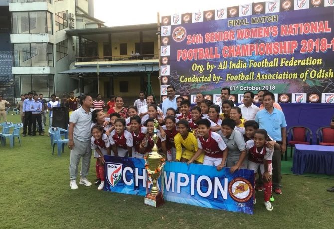 Manipur Women's team celebrating their win in the Final of the 24th Senior Women's National Football Championships final. (Photo courtesy: AIFF Media)
