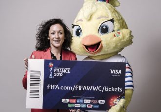 Nadine Keßler, Head of Women's Football, UEFA and FIFA Women's World Cup France 2019 mascot Ettie launch tickets sales for the tournament. (Photo courtesy: FIFA)