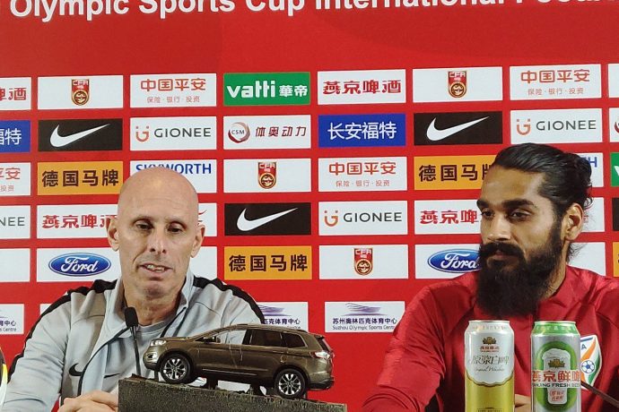 Head coach Stephen Constantine and defender Sandesh Jhingan at the pre-match press conference ahead of India's friendly match against China. (Photo courtesy: AIFF Media)