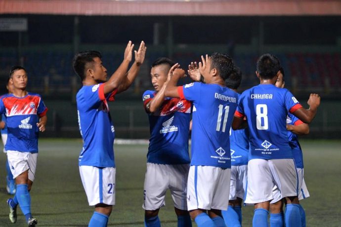 Chanmari FC players celebrating a goal during their Mizoram Premier League match. (Photo courtesy: Mizoram Football Association)