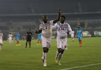 Aser Dipanda Dicka celebrating one of his goals in Mohun Bagan's victory against the Indian Arrows in an I-League encounter. (Photo courtesy: AIFF Media)