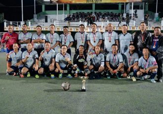 The South Zone squad posing with the MFA Veteran League trophy. (Photo courtesy: Mizoram Football Association)