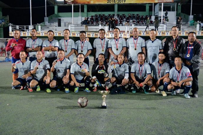 The South Zone squad posing with the MFA Veteran League trophy. (Photo courtesy: Mizoram Football Association)