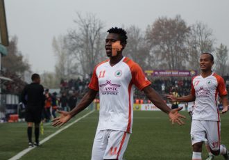 Felix Chidi celebrating during NEROCA FC's 2-0 win against Real Kashmir FC. (Photo courtesy: AIFF Media)