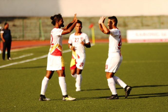 East Bengal FC players celebrating during their I-League encounter against Shillong Lajong FC. (Photo courtesy: AIFF Media)