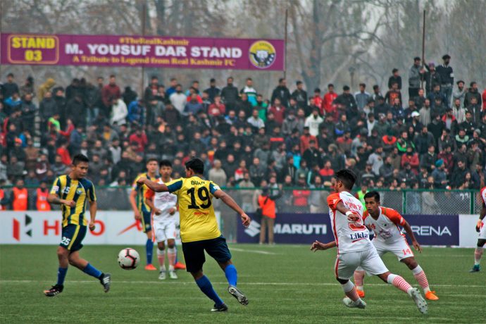 Hero I-League match action between Real Kashmir FC and NEROCA FC. (Photo courtesy: AIFF Media)