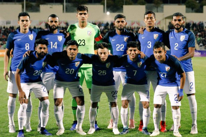 The Indian national team ahead of the international friendly match against Jordan at the King Abdullah II Stadium in Amman. (Photo courtesy: AIFF Media)