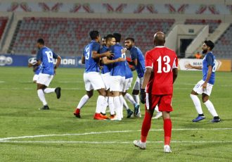 The Indian national team celebrating Nishu Kumar's goal against Jordan at the King Abdullah II Stadium in Amman. (Photo courtesy: AIFF Media)