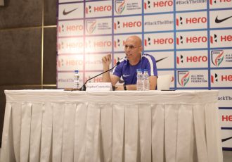 Indian national team head coach Stephen Constantine addressing the media during a press conference in New Delhi. (Photo courtesy: AIFF Media)