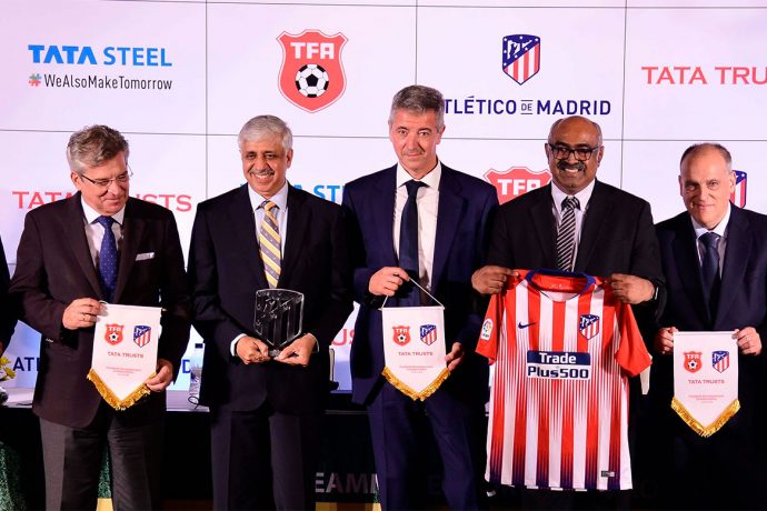 Representatives of the Tata Football Academy (TFA), Tata Trusts and LaLiga side Atlético de Madrid. (Photo courtesy: Tata Steel)