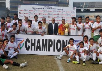The Mizoram junior team celebrating the Junior Boys National Football Championship for the Dr B.C. Roy Trophy (Tier-I) title at the Barabati Stadium in Cuttack, Odisha.