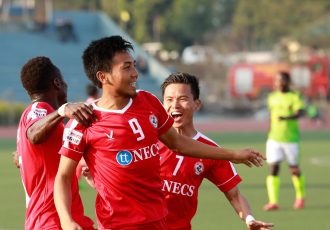 Aizawl FC players celebrating one of their goals in the Hero I-League. (Photo courtesy: AIFF Media)