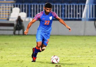 Central defender Anas Edathodika in action for the Indian national team. (Photo courtesy: AIFF Media)