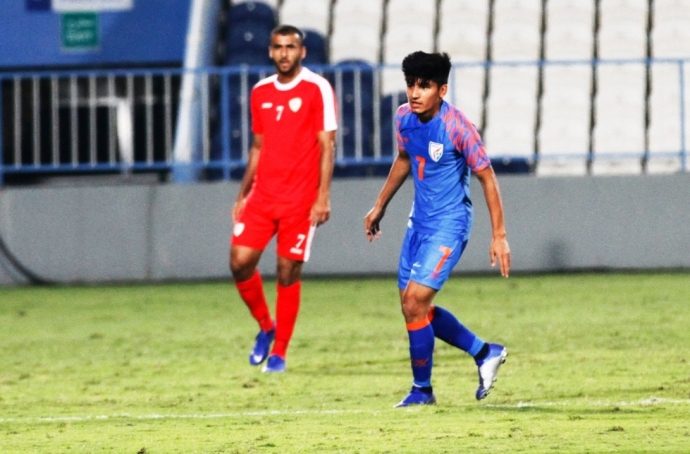 Midfielder Anirudh Thapa during the Indian national team's friendly match against Oman on December 27, 2018. (Photo courtesy: AIFF Media)
