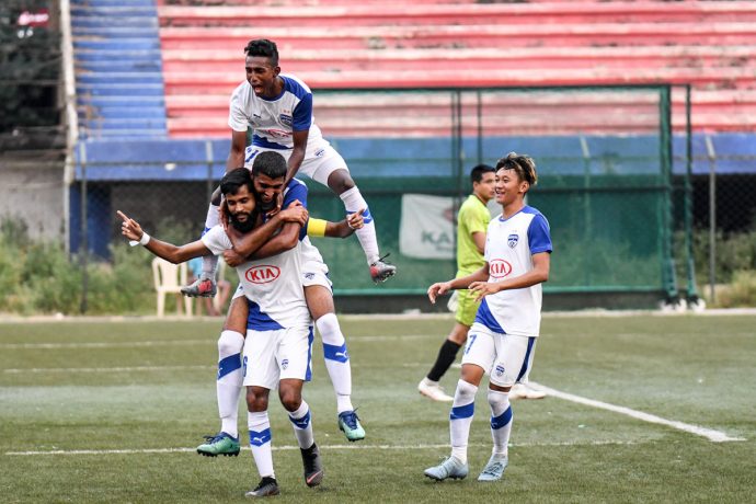 Bengaluru FC players celebrate Myron Mendes' 88th minute penalty, in their 1-0 win over ASC at the Bangalore Football Stadium, in Bengaluru. (Photo courtesy: Bengaluru FC)