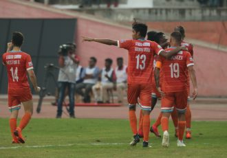 Chennai City FC players celebrating one of their goals in the Hero I-League. (Photo courtesy: AIFF Media)