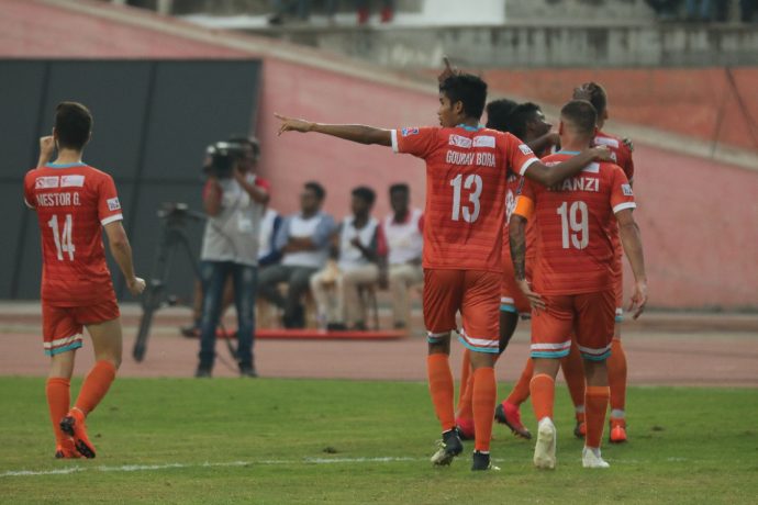 Chennai City FC players celebrating one of their goals in the Hero I-League. (Photo courtesy: AIFF Media)